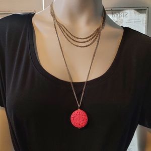 Retro silvertone Red lotus multi-strand necklace